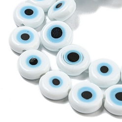 White Handmade Evil Eye Lampwork Flat Round Bead Strands, White, 10x4mm, Hole: 1mm, about 38pcs/strand, 14.96 inch