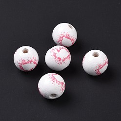 Camellia Easter Theme Printed Wood European Beads, Large Hole Beads, Round with Rabbit Pattern, Camellia, 16x14.5mm, Hole: 4mm