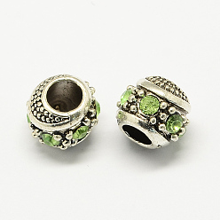 Mixed Color Alloy Rhinestone European Beads, Rondelle Large Hole Beads, Antique Silver, Mixed Color, 11x10mm, Hole: 5mm