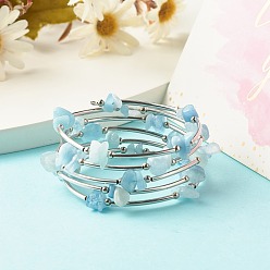 Aquamarine 5-Loop Natural Aquamarine Chip Beaded Wrap Bracelets for Women, Steel Memory Wire Bracelet, Platinum, Inner Diameter: 2-1/8 inch(5.45cm)