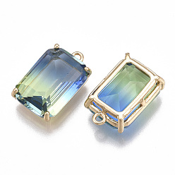 Coloré Pendentifs en verre deux tons, avec les accessoires en laiton, facette, rectangle, or, colorées, 20.5x13x8mm, Trou: 1.5mm