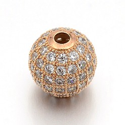 Rose Gold CZ Brass Micro Pave Cubic Zirconia Round Beads, Rose Gold, 1/4 inch(6mm), Hole: 1.5mm