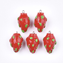 Rouge  Pendentifs de résine, avec les accessoires en fer de tonalité de platine, nourriture imitation, pitaya, rouge, 32~34x20~21x19mm, Trou: 2mm