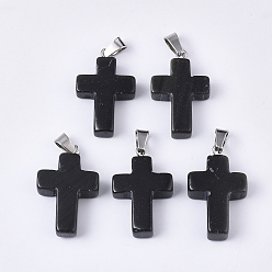Black Agate Natural Black Agate Pendants, with Stainless Steel Peg Bails, Cross, Stainless Steel Color, 28~30x18x6mm, Hole: 7x3.5mm