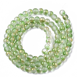 Lime Vert Brins de perles de verre peintes à la bombe givrée, avec une feuille d'or, ronde, lime green, 4~5mm, Trou: 0.9~1.2mm, Environ 95~103 pcs/chapelet, 13.78 pouces ~ 14.88 pouces (35~37.8 cm)