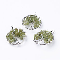 Peridot Natural Peridot Pendants, with Brass Findings, Flat Round with Tree of Life, Platinum, 29x5~7mm, Hole: 4.5mm
