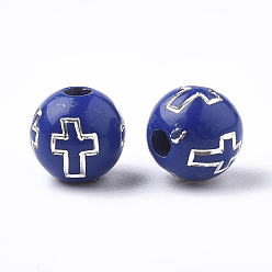 Blue Plating Acrylic Beads, Silver Metal Enlaced, Round with Cross, Blue, 8mm, Hole: 2mm, about 1800pcs/500g