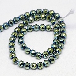 Green Plated Electroplate Non-magnetic Synthetic Hematite Beads Strands, Faceted, Round, Grade A, Green Plated, 4mm, Hole: 1mm, about 100pcs/strand, 16 inch