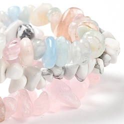 Mixed Stone Chips Natural Rose Quartz & Morganite & Howlite Beaded Stretch Bracelets Sets, Stackable Bracelets, Inner Diameter: 2-1/8 inch(5.5cm), 3pcs/set