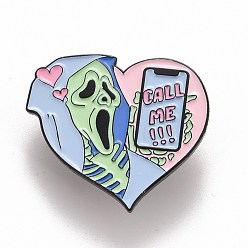 Colorful Word Call Me Enamel Pin, Heart with Skull Alloy Badge for Backpack Clothes, Electrophoresis Black, Colorful, 26.5x30.5x1.5mm, Pin: 1.2mm
