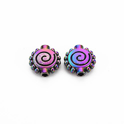 Rainbow Color Rack Plating Rainbow Color Alloy Beads, Cadmium Free & Nickel Free & Lead Free, Flat Round with Spiral, 10x9.5x3mm, Hole: 1.5mm