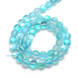 Cyan Synthetic Moonstone Beads Strands, Holographic Beads, Half AB Color Plated, Frosted, Round, Cyan, 6mm, Hole: 1mm, about 60pcs/strand, 15 inch