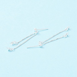 Silver 925 Sterling Silver Stud Earring Findings, Long Chain Tassel with Double Peg Bails, for Half Drilled Beads, Silver, 46mm, Pin: 0.7mm and 0.6mm(for half drilled beads)