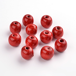 Red Dyed Natural Wood Beads, Round, Nice for Children's Day Gift Making, Lead Free, Red, about 14mm wide, about 13mm high, hole: 4mm, about 1200pcs/1000g