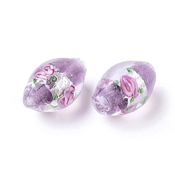 Medium Purple Handmade Silver Foil Glass Lampwork Beads, Oval with Flower, Medium Purple, 16~17x9~11mm, Hole: 1.5~2mm