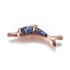 Rose Gold Abalone Shell/Paua Shell Links, with Brass Findings, Dolphin, Rose Gold, 8.5x24.5x3.5mm, Hole: 1mm