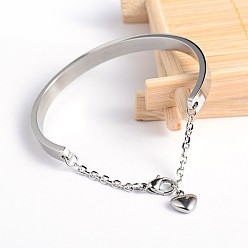 Stainless Steel Color 304 Stainless Steel Bracelets, with Heart Charms and Extender Chain, Stainless Steel Color, 1-5/8 inchx2-1/4 inch(42x58mm)