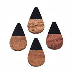 Black Opaque Resin & Walnut Wood Pendants, Teardrop Shape Charm, Black, 38x22x3mm, Hole: 2mm