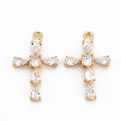 Real 18K Gold Plated Brass Clear Cubic Zirconia Pendants, Nickel Free, Cross, Real 18K Gold Plated, 24x15x3mm, Hole: 1.5mm