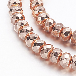 Rose Gold Plated Electroplate Non-magnetic Synthetic Hematite Beads Strands, Faceted, Rondelle, Rose Gold Plated, 6x4mm, Hole: 0.8mm, about 101pcs/strand, 15.7 inch