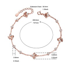 Розовое Золото Модные 925 браслеты shegrace из серебра с кубическим цирконием, цветок и плоские круглые, розовое золото , 7-7/8 дюйм (200 мм)