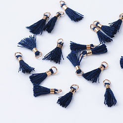 Midnight Blue Polycotton(Polyester Cotton) Tassel Pendant Decorations, with Unwelded Iron Jump Rings, Golden, Midnight Blue, 10~16x2mm, Hole: 1.5mm