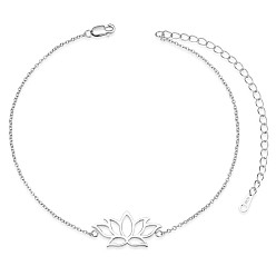 Platinum SHEGRACE Rhodium Plated 925 Sterling Silver Link Anklets, with Cable Chain, Lotus, Platinum, 8-1/4 inch(21cm)