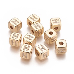 Letter H Brass Micro Pave Cubic Zirconia Beads, Horizontal Hole, Real 18K Gold Plated, Long-Lasting Plated, Cube with Letter, Clear, Letter.H, 9x9x9mm, Hole: 3.5mm