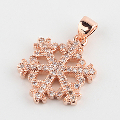 Rose Gold Snowflake Brass Micro Pave Cubic Zirconia Pendants, Rose Gold, 19x15x2mm, Hole: 4.5x2mm