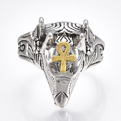 Antique Silver & Golden Alloy Wide Band Rings, Chunky Rings, Wolf with Ankh Cross, Antique Silver & Golden, Size 11, 21mm