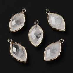 Cristal de Quartz Pendeloques de cristal de quartz naturel, pendentifs en cristal de roche, avec bord en laiton doré, facette, oeil de cheval, 22x12x5.5mm, Trou: 1.8mm