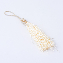 Beige Polyester Tassel Decorations, Pendant Decorations, with Metallic Cord, Beige, 95~101x11~12mm