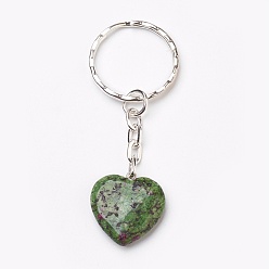 Ruby in Zoisite Natural Ruby in Zoisite Keychain, with Iron Key Clasp, Heart, Platinum, 70mm, Heart: 21~21.5x20~20.5x6mm