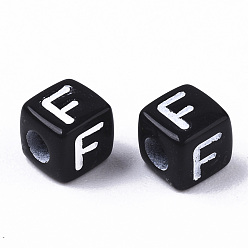 Letter F Opaque Acrylic Beads, Horizontal Hole, Alphabet Style, Cube, Black & White, Letter.F, 5x5x5mm, Hole: 2mm, about 5000pcs/500g