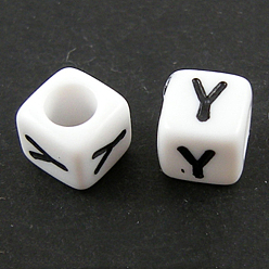 Letter Y Lettre acrylique européenne perles, trou horizontal, cube, letter.y, 10x10x10mm, Trou: 3.5~4mm, environ598 pcs / 500 g