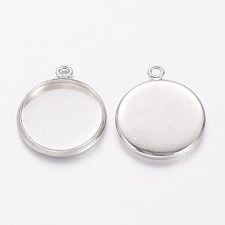Platinum Brass Pendant Cabochon Settings, Plain Edge Bezel Cups, Setting for Cabochon, Flat Round, Lead Free and Cadmium Free and Nickel Free, Platinum, Tray: 14mm, 18x16x2mm, Hole: 1.5mm