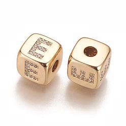 Letter E Brass Micro Pave Cubic Zirconia Beads, Horizontal Hole, Real 18K Gold Plated, Long-Lasting Plated, Cube with Letter, Clear, Letter.E, 9x9x9mm, Hole: 3.5mm