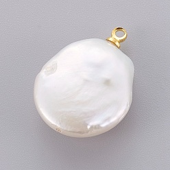 Golden Natural Cultured Freshwater Pearl Pendants, with Brass Micro Pave Cubic Zirconia Findings, Nuggets, Clear, Golden, 23~27.5x16.5x7.5~8mm, Hole: 1.4mm