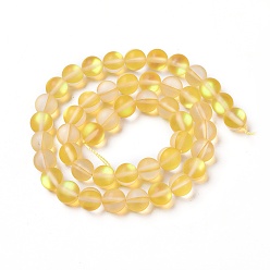 Yellow Synthetic Moonstone Beads Strands, Holographic Beads, Half AB Color Plated, Frosted, Round, Yellow, 6mm, Hole: 1mm, about 60pcs/strand, 15 inch