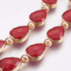 Red Opaque Glass Beads Strands, Faceted, with Golden Tone Brass Edge, Teardrop & Round, Red, 18x12.5~13x7~7.5mm, Hole: 1mm, about 10pcs/strand, 9 inch(23cm)
