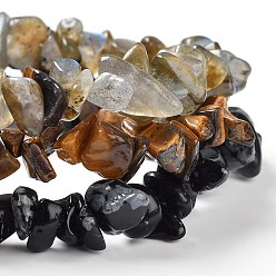 Mixed Stone Chips Natural Labradorite & Snowflake Obsidian & Tiger Eye Beaded Stretch Bracelets Sets, Stackable Bracelets, Inner Diameter: 2-1/8 inch(5.5cm), 3pcs/set