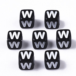 Letter W Opaque Acrylic Beads, Horizontal Hole, Alphabet Style, Cube, Black & White, Letter.W, 5x5x5mm, Hole: 2mm, about 5000pcs/500g