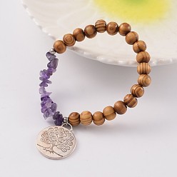 Mixed Stone Round Wood Beaded Stretch Bracelets, with Mixed Stone Chips Beads and Tree of Life Alloy Pendants, Antique Silver, 60mm