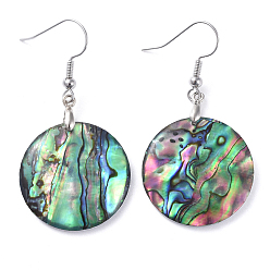 Platinum Abalone Shell/Paua Shell Dangle Earrings, with Brass Ice Pick Pinch Bails and Earring Hooks, Flat Round, Platinum, 46mm, Pin: 0.7mm