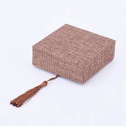 Gris Ardoise Boîtes de bracelet en bois, avec le gland de corde de lin et de nylon, rectangle, gris ardoise, 10x10x3.7 cm