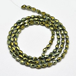 Green Plated Faceted Teardrop Full Plated Electroplate Glass Beads Strands, Green Plated, 5x3mm, Hole: 1mm, about 100pcs/strand, 17.7 inch~19.6 inch