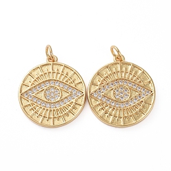 Golden Brass Micro Pave Clear Cubic Zirconia Pendants, with Jump Rings, Long-Lasting Plated, Flat Round with Evil Eye, Golden, 20x17.5x1.5mm, Hole: 2.7mm