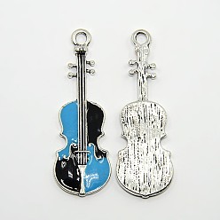 Black Violin Antique Silver Tone Alloy Enamel Pendants, Black & Deep Sky Blue, 50x18x2mm, Hole: 3mm