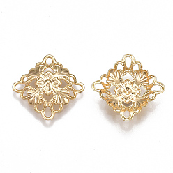 Real 18K Gold Plated Brass Filigree Joiners Links, Square with Flower, Nickel Free, Real 18K Gold Plated, 14.5x14.5x3.5mm