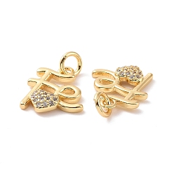 Real 18K Gold Plated Rack Plating Brass Micro Pave Clear Cubic Zirconia Charms, with Jump Ring, Cadmium Free & Lead Free, Long-Lasting Plated, Word FE with Heart, Real 18K Gold Plated, 13.5x13x2.5mm, Jump Ring: 5x1mm, Inner Diameter: 3mm